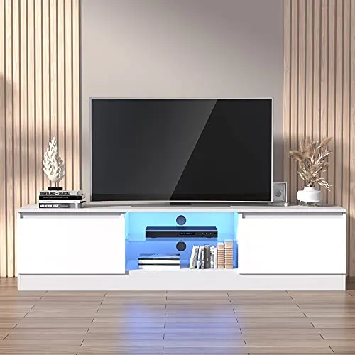 Cozy Castle White TV Stand for 55/60/65/70 Inch TV, Media Console Tables with High Gloss Modern Style, LED Entertainment Center for Living Room with Large Storage