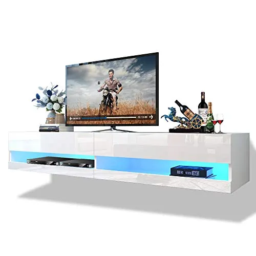 180 Wall Mounted Floating 80" TV Entertainment Center with 12 Color LEDs White，TV Entertainment Center，TV Table for Living Room，White Entertainment Cente (White)