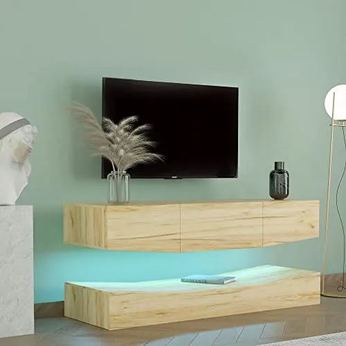 Knocbel Modern 47in LED Floating TV Shelf Wall Mounted Media Console Cabinet Component Shelves Television Stand with 3 Storage Drawers, Entertainment Center for Living Room (Oak)